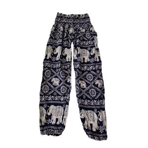 Bangkok Pants Elephant Print Harem Pants Blue One Size Boho yoga Thai Hippie